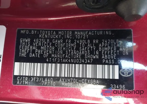 2022 Toyota Camry Xle Hybrid from USA, damaged, VIN 4T1F31AK4NU034347